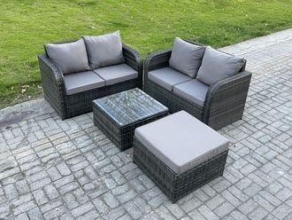 Fimous Rattan Sofa Set Outdoor Garden Furniture Set with Square Coffee Table Loveseat Sofa Big Footstool Dark Grey Mixed