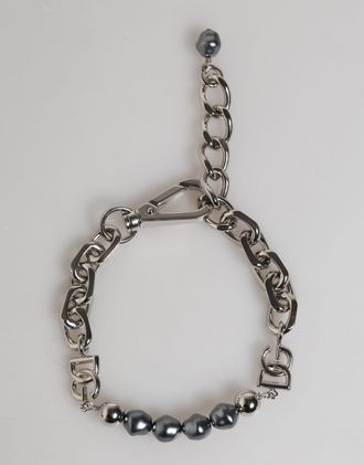 Dolce & Gabbana Zilverkleurige Ketting Karabijnsluiting Logo Grijze Parels Armband