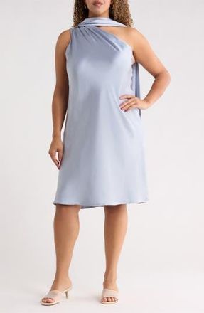 Renee C One-Shoulder Satin Shift Dress with Scarf in Steel Blue at Nordstrom Rack, Size 2X