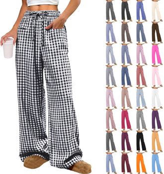 Generic Womens Plaid Lounge Pants Comfy Pyjama Bottoms Ladies Casual Loungewear Elastic Drawstring Waist Wide Leg Trousers with Pockets Soft Full-Length Check