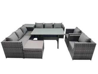 Fimous Garden Rattan Furniture Set 9 Seater with Side Table Big Stool in Dark Grey