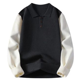 Generic Mens Turn Down Collar Knitted Pullovers Patchwork Long Sleeve Knit Sweater Men Casual Warm Sweaters Dark Gray 4XL