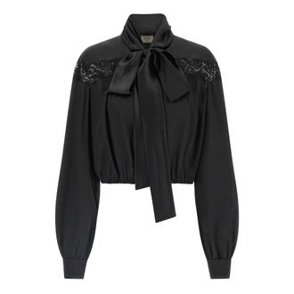 Saint Laurent Lace Lavalli&egrave;re Silk Blouse - female - Saint Laurent - Blouses - Black - M - Blouses & Shirts