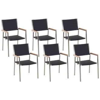 Beliani Conjunto De 6 Sillas De Jard&iacute;n Con Asiento De Rat&aacute;n Sint&eacute;tico Negro Y Patas De Acero Apilables Grosseto