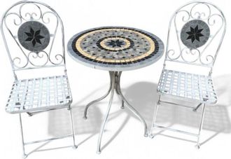 No Brand Set bristò 1 tavolo e 2 sedie in acciaio marmo con decorazioni mosaico bianco e grigio da giardino