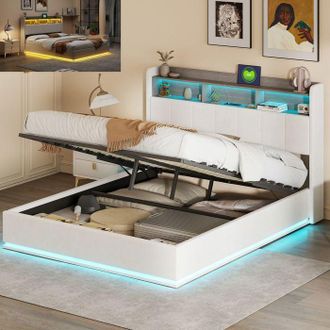 OEM Cama Lit 160x200 Cm De Terciopelo Blanco Con Led Integrada, Somier De Lamas Y Gran Almacenamiento