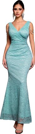 Angel Fashions Womens Double V Neck Lace Ruffled Beaded Sheath Long Formal Dress Size 16