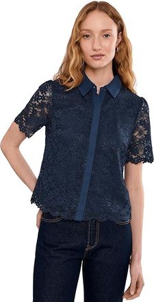 CeCe by Cynthia Steffe Lace Short Sleeves Hidden Placket Shirt Womens Clothing Classic Navy : MD, Cotton/Nylon/Rayon