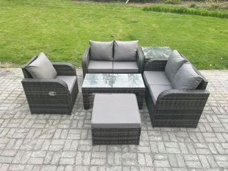 Fimous 6 PCS Garden Furniture set Rattan Outdoor Lounge Sofa Table Chair With Tempered Glass Table Dark Grey Mixed