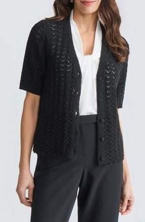 Kasper Texture Stitch Short Sleeve Cardigan in Black at Nordstrom, Size X-Small