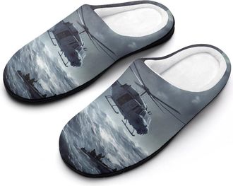 Generic Helicopter Rescues at Sea Heavy Rain Slippers Men Winter Warm Cotton Anti-Slip Indoor Slip-Ons House Shoes