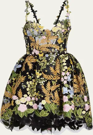 Oscar De La Renta Mixed Botanical Embroidered Tulle High-Low Bustier Dress