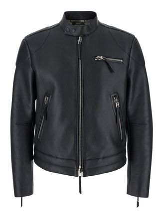 Tom Ford Black Jacket With High Collar And Front Zip Pockets In Leather Man