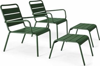 Oviala Lote de 2 sillones reclinables con reposapiés de metal verde bosque