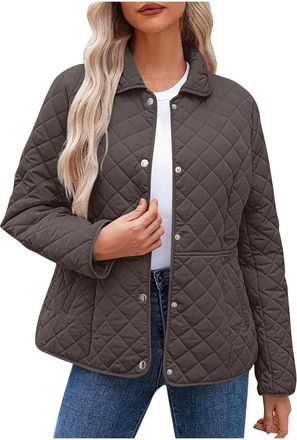 Generic Womens Quilted Jackets Lightweight Winter Jacket for Women Loose Casual Padded Coat Patchwork Puffer Coats Fashion Round Neck Button Lapel Collar Warm