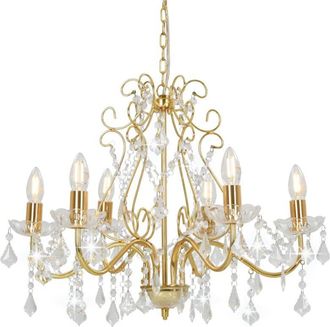vidaXL Chandelier with Crystal Beads Golden Round 6 x E14 Vidaxl
