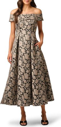 Adrianna Papell Off the Shoulder Jacquard Gown in Black/taupe at Nordstrom, Size 10