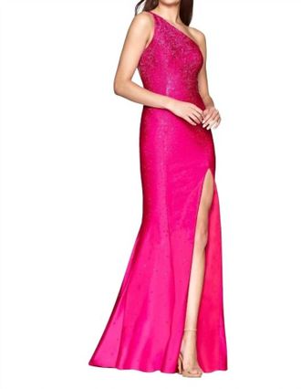 Faviana One Shoulder Rhinestone Gown In Hot Pink