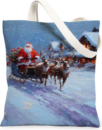 Generic Christmas Reindeer Canvas Tote Bags, Holiday Winter Scene Lightweight Washable Shoulder Strap Grocery Bags for Travel Beach, Blue, 13x15 Inch