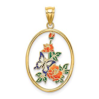 Diamond2Deal 14k Yellow Gold Enamel White Butterfly In Oval Orange Flowers Charm