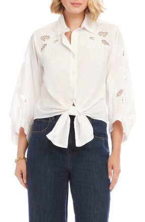 Karen Kane Eyelet Embroidery Tie Front Shirt in White at Nordstrom, Size X-Large