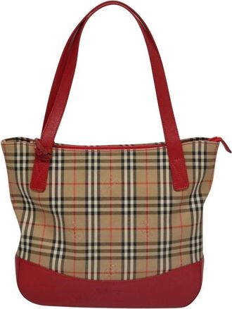 Burberry Pre-owned Tote Bags, female, Beige, Size: ONE SIZE Pre-owned Vintage Check Canvas Tote Bag with Leather Trim
