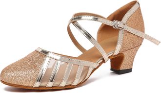 Minitoo Womens Latin Salsa T-Strap Closed Toe Synthetic Ballroom Dance Shoes Evening Wedding Pumps L2043 Gold 5cm Heel UK 6.5