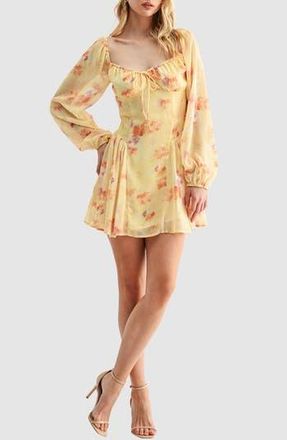 All in Favor Floral Long Sleeve Chiffon Fit & Flare Minidress in Yellow Floral at Nordstrom Rack, Size Medium