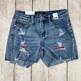 Judy Blue Womens Mid-Rise Serape Patch Destroyed Shorts In Blue