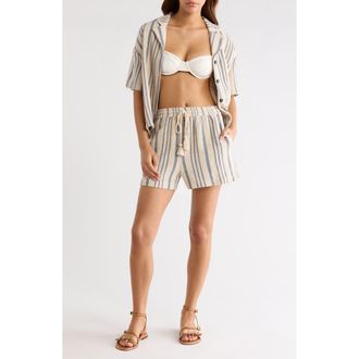 Elan Stripe Cotton Drawstring Shorts in Beige/Blue Stripe at Nordstrom, Size X-Small