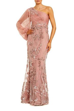 Mac Duggal Womens One Shoulder Chiffon Gown with Embroidered Floral Skirt in Mocha at Nordstrom, Size 10