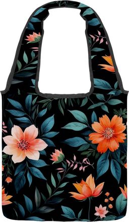 Generic Floral with Leaves Reversible Canvas Shoulder Tote - Double-Sided Print, 12oz Cotton, 27cm Drop, Fold-Flat Bag for Travel, Shopping, Street Outings