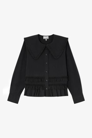 Ganni Black Stretch Cotton Ruffle Shirt - Size 10/12 Organic