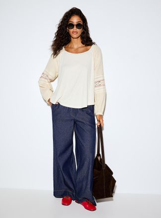 Icone Womens Crocheted puff-sleeve dual-material T-shirt