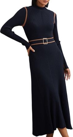 Reiss Ella Belted Long Sleeve Rib Wool & Cashmere Maxi Dress in Navy/Camel at Nordstrom, Size X-Large