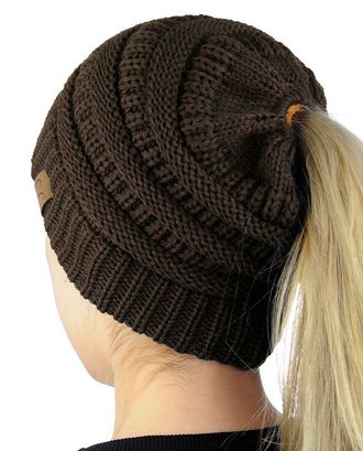C.C BeanieTail Soft Stretch Cable Knit Messy High Bun Ponytail Beanie Hat, Brown, One Size