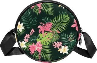 Generic Circle Crossbody Bag for Women, Art Leaf Small Sling Bag Daypack with Zipper Adjustable Shoulder Straps Casual Ladies Girls Round Purse