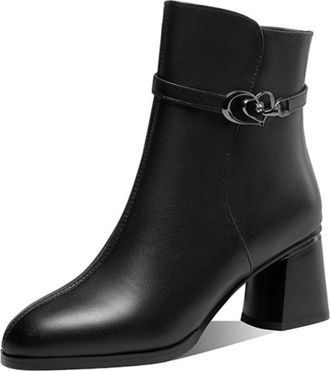 Generic Womens Ankle Boots Smooth PU Leather Square Toe Block Heels Side Zipper Metal Chain Buckle Detail Solid Color Stylish Durable Design,Black,3.5 UK