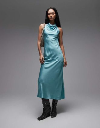 & Other Stories Vestito lungo accollato senza maniche in raso color azzurro turchese-Blu