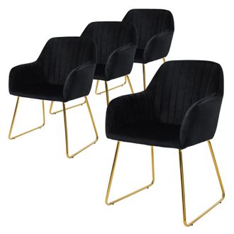 ML Design Ml-design - Juego De 4x Sillas De Comedor Negras Asiento Ergon&oacute;mico Acolchado Tapizado De Terciopelo, Patas De Metal Dorado Sill&oacute;n De Dise&ntilde;o Moderno P