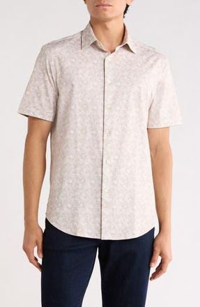 Bugatchi Abstract Print Stretch Cotton Short Sleeve Button-Up Shirt in Sand at Nordstrom Rack, Size Xxx-Large