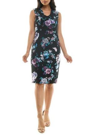 Nina Leonard Floral U Neck Sleeveless Scuba Knit Sheath Dress in Black/Lavender Multi at Nordstrom Rack, Size X-Large
