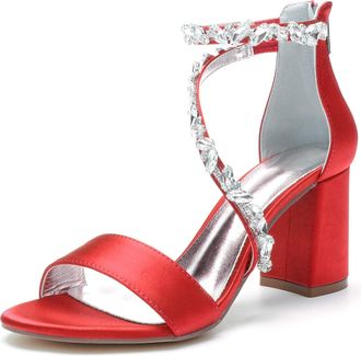 Generic Womens Rhinestones Bridal Heels 8Cm Chunky Block Heels Ankle Strap Wedding Party Prom Dressy Sandals with Back Zipper,red,10 UK