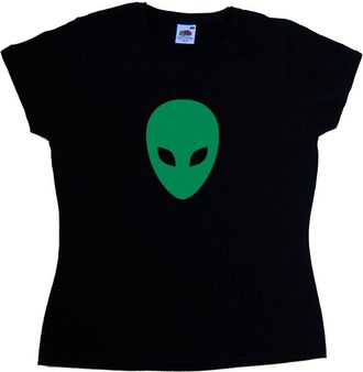 Tee Tree Designs Alien Black Ladies T-Shirt (Green Print)-Size 14