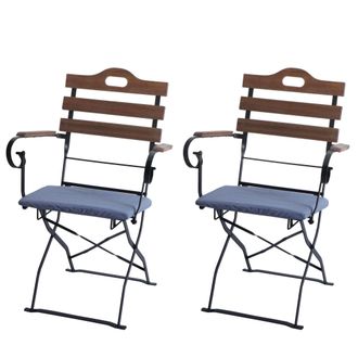 Hhg [nunca Usado] Juego De 2 Sillas De Jard&iacute;n Hhg-122, Silla Plegable, Silla De Jard&iacute;n, Calidad Gastron&oacute;mica, Acacia, Marr&oacute;n Claro, Tapizado Azul