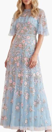 Needle & Thread Eden Rose Cape Ankle Gown in Aqua/multi at Nordstrom, Size 10