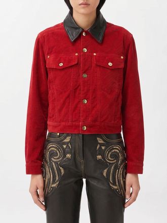Versace Cropped Cotton Velvet Shirt Jacket with Leather Collar