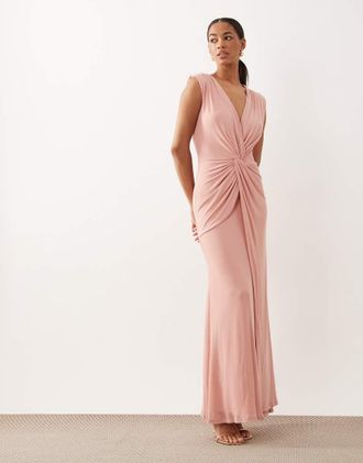 Asos Vestito lungo a portafoglio in rete rosa confetto con scollo profondo