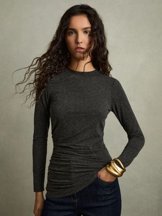 Reiss Charcoal Asymmetric Ruched Top With Wool, XS