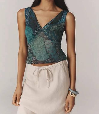 Rixo Nandi Hand-Beaded V-Neck Top In Ibiza Night Teal
